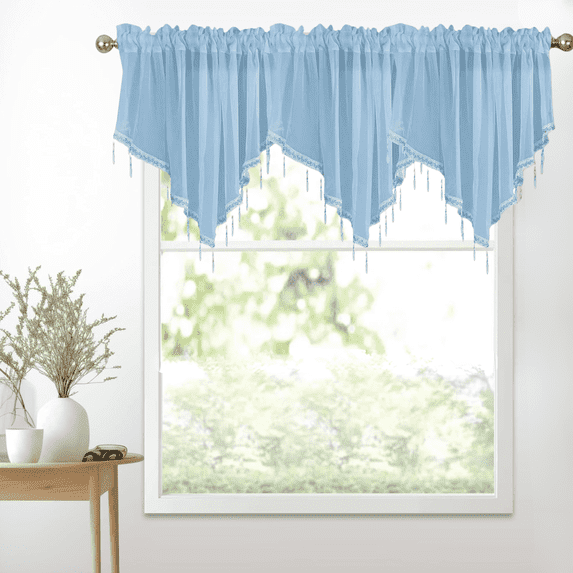 Nekings Sheer Beaded Valance Curtain, 51"x24" Rod Pocket Scalloped Window Treatment for Kitchen Bathroom