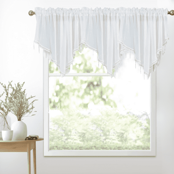 Nekings Sheer Beaded Valance Curtain, 51"x24" Rod Pocket Scalloped Window Treatment for Kitchen Bathroom