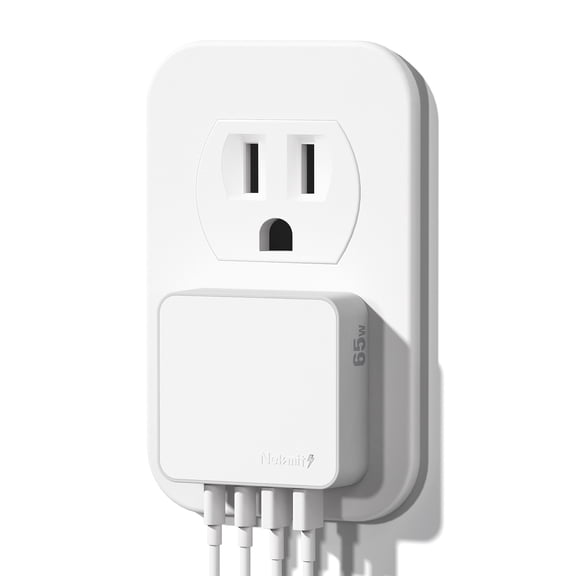 Nekmit 65W GaN Fast Charging, 4-Port Slim USB Wall Charger, Dual USB C & USB A Ports USB Outlet, White