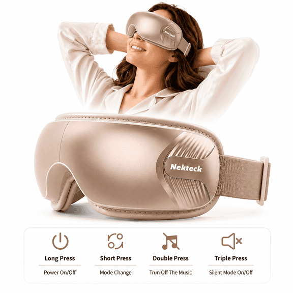 Nekteck Eye Massager with Heat, Air Compression Eye Massage Mask with Bluetooth Music, 5 Modes, Rechargeable Heated Eye Massager with Adjustable Strap, Gift for Women Men, Fathers Day Gift/Christmas