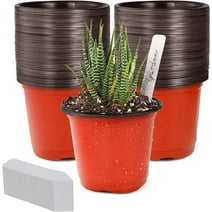 Nelbons 4" Small Plastic Plant Nursery Pot/Pots (100pcs Pots and 100pcs Plant Labels) Seedlings Flower Plant Container (Red) Seed Starting Pots Indoor Outdoor