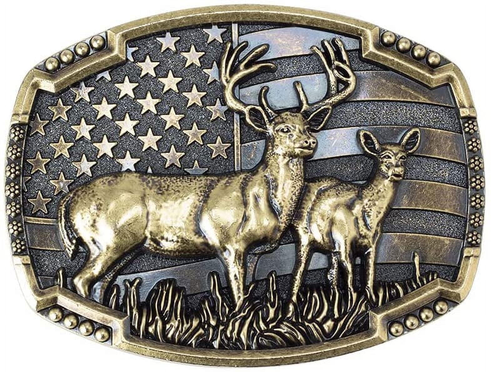 Nelbons Western Cowboy American Flag Elk Belt Buckle, High