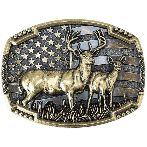 Nelbons Fade Resistant Unisex Zinc Alloy Patriotic American Flag Deer Belt Buckle, 1.57" Wide, Bronze