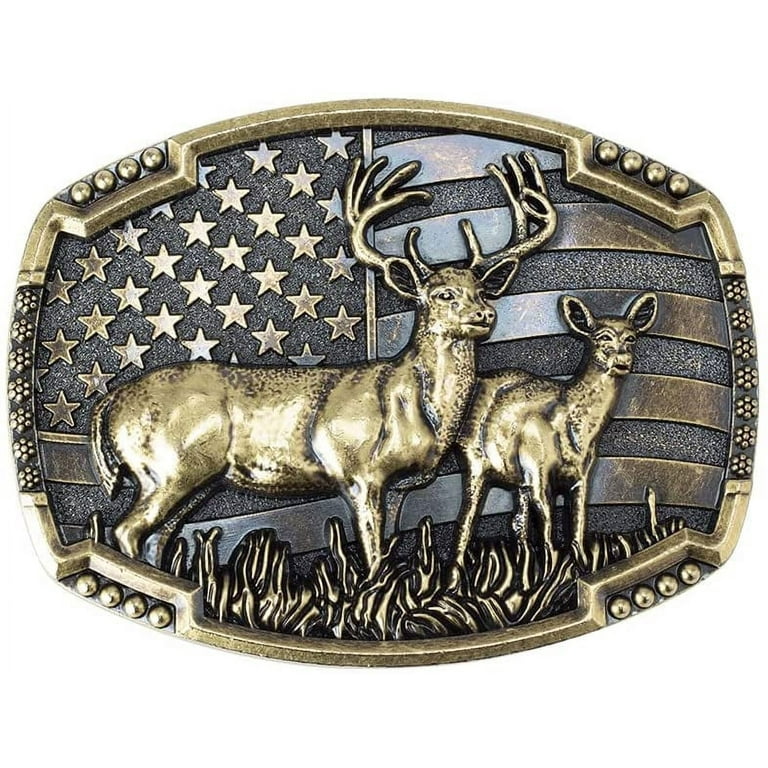 Nelbons Western Cowboy American Flag Elk Belt Buckle, High-Quality