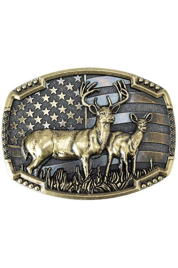 Fade Resistant Unisex Zinc Alloy Patriotic American Flag Deer Belt Buckle, 1.57" Wide, Bronze
