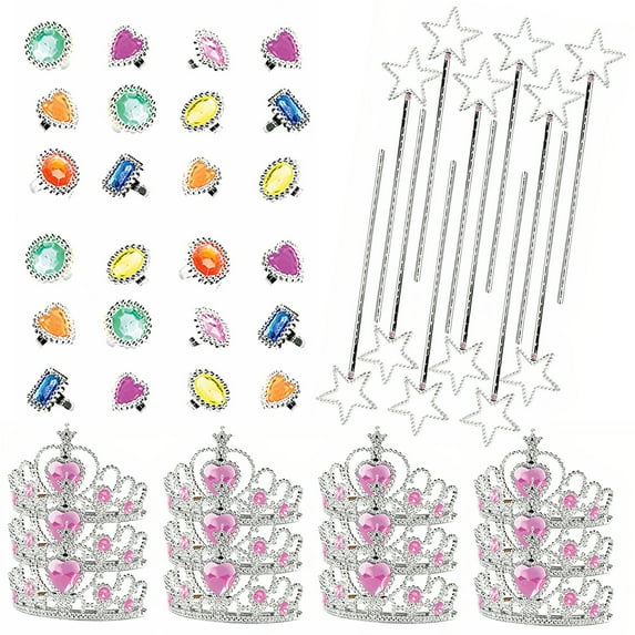 Neliblu Princess Party Favors - 12 Tiaras, 12 Wands, 24 Rings, Costume Jewelry, Accessories for Girls Dress Up Party, Ages 3-5, Princess Crown Included