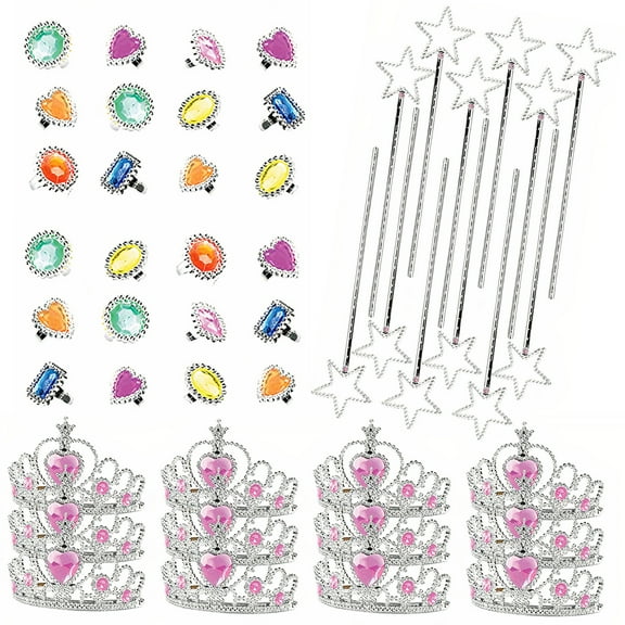 Neliblu Princess Party Favors - 12 Tiaras, 12 Wands, 24 Rings, Costume Jewelry, Accessories for Girls Dress Up Party, Ages 3-5, Princess Crown Included