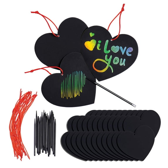 Neliblu Valentines Day Decoration Scratch Art Paper Crafts Kit Bulk Pack of Scratch Hearts with Magic Rainbow Colors - 24 Heart Cards, 24 Scratch Sticks, 24 Ribbons