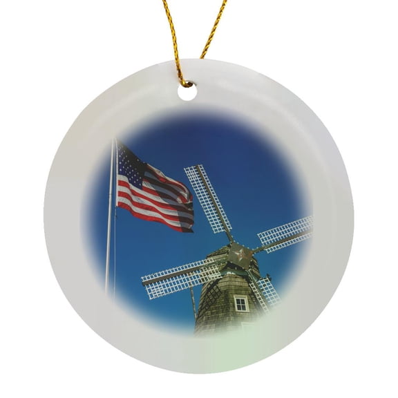 3drose, Nelis Dutch Village Dutch Windmill, Us Flag, Michigan, Usa, Circle Porcelain Ornament