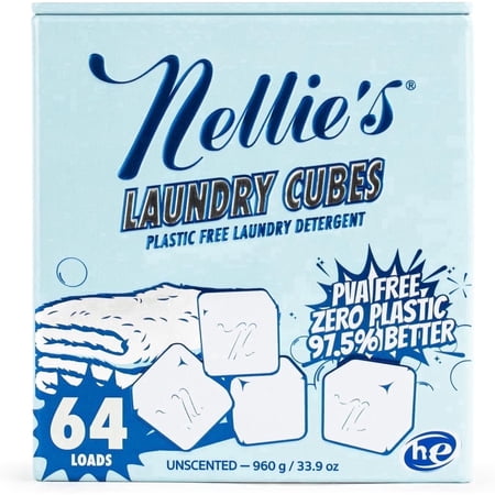 Nellie's Laundry Cubes 64 Load - PVA-Free Laundry Detergent - Concentrated Cleaning Power - Tough on Stains & Odors - Dissolves in Hot or Cold Water - HE & Standard Machine Safe - Made in Canada