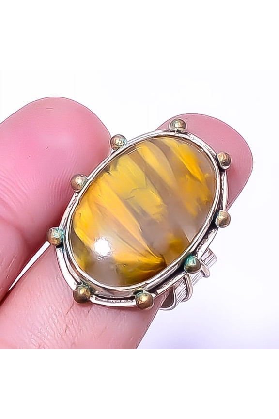 Nellite - Aka Honey Stone Gemstone 925 Sterling Silver Two Tone Gold Plated Ring s.7.5 A9, Gemstone Jewelry, Birthday Gift, Beautiful Jewelry For Woma