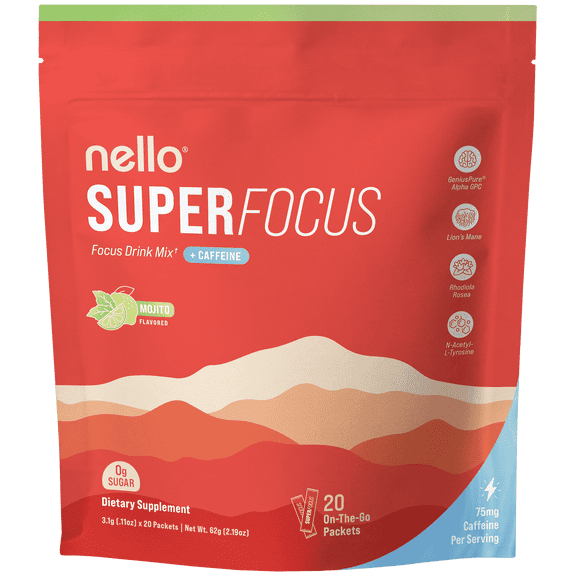 Nello Mojito Sugar-Free SuperFocus Nootropic Focus Drink Mix with Caffeine, Alpha GPC, Lion’s Mane, Rhodiola, 20 Packets
