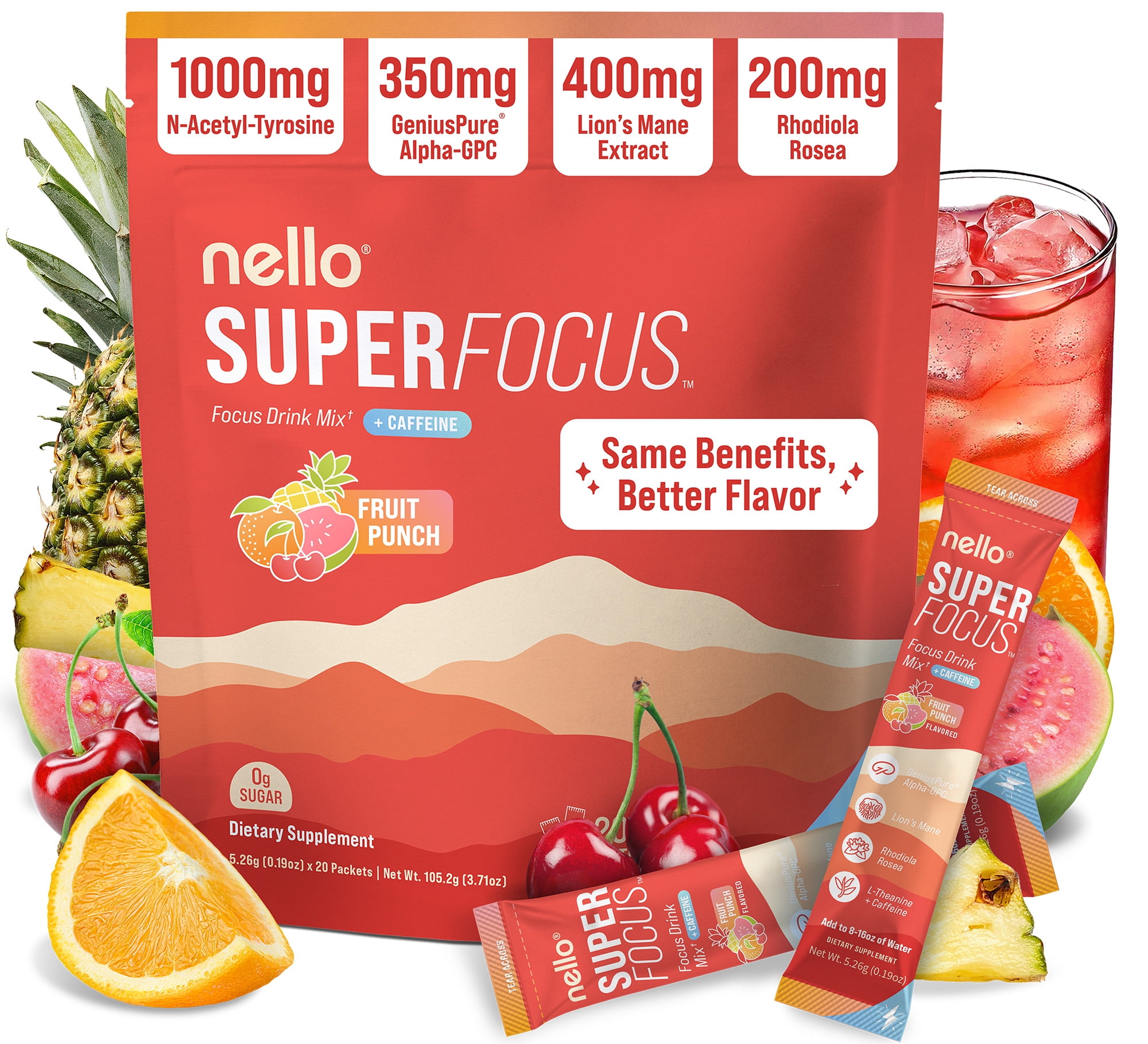 Nello SuperFocus Focus Drink Mix – Fruit Punch Flavor – Alpha GPC, Lion’s Mane, Rhodiola & N-Acetyl L-Tyrosine – Sugar-Free, On-the-Go Packets – 20 Travel Packets - Fruit Punch + Caffeine