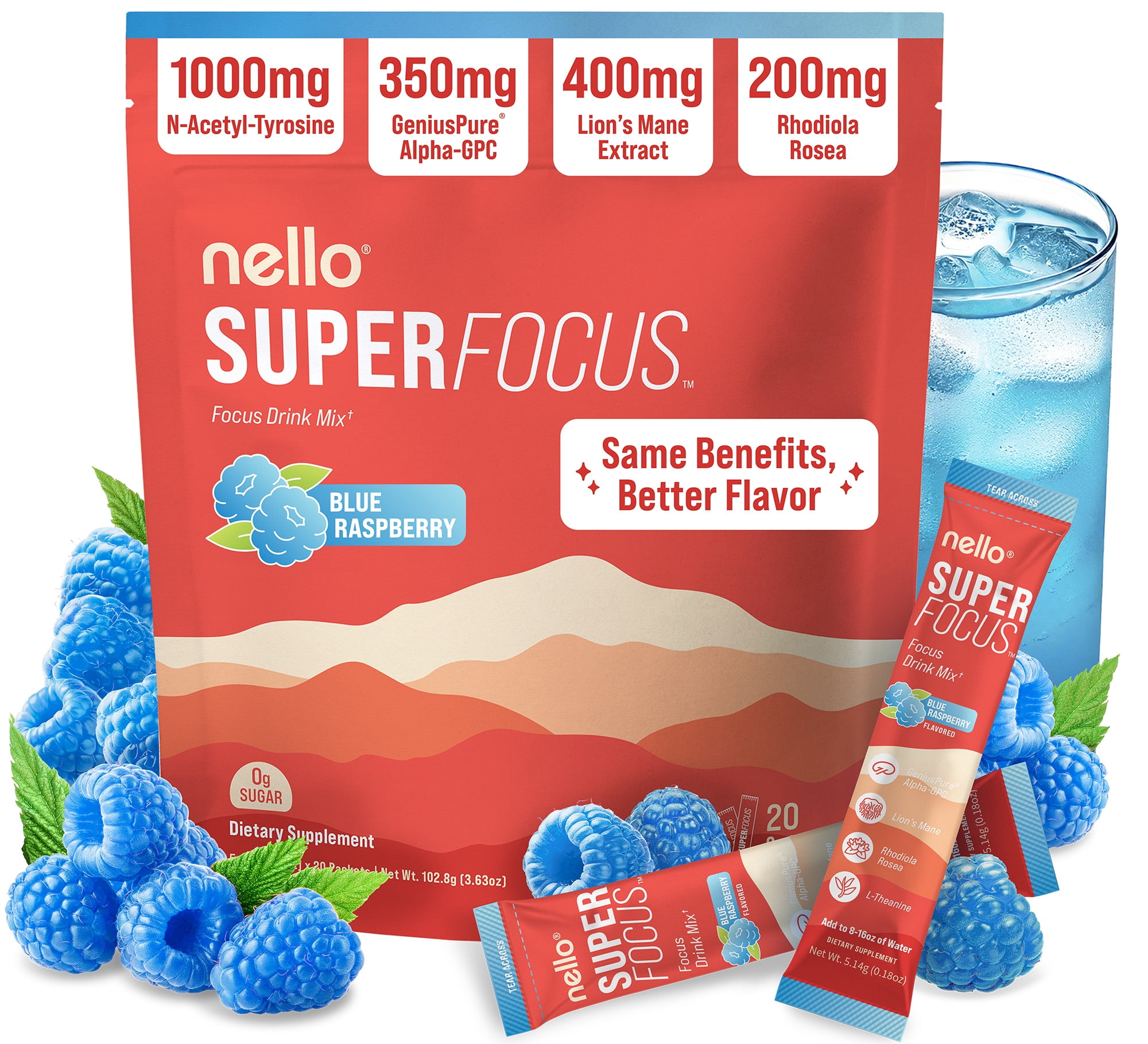 Nello SuperFocus Focus Drink Mix – Fruit Punch Flavor – Alpha GPC, Lion’s Mane, Rhodiola & N-Acetyl L-Tyrosine – Sugar-Free, On-the-Go Packets – 20 Travel Packets - Blue Raspberry