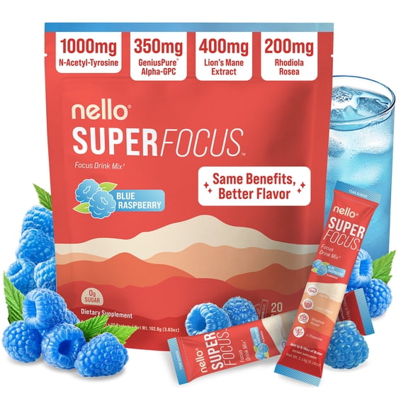 Nello SuperFocus Focus Drink Mix – Fruit Punch Flavor – Alpha GPC, Lion’s Mane, Rhodiola & N-Acetyl L-Tyrosine – Sugar-Free, On-the-Go Packets – 20 Travel Packets - Blue Raspberry