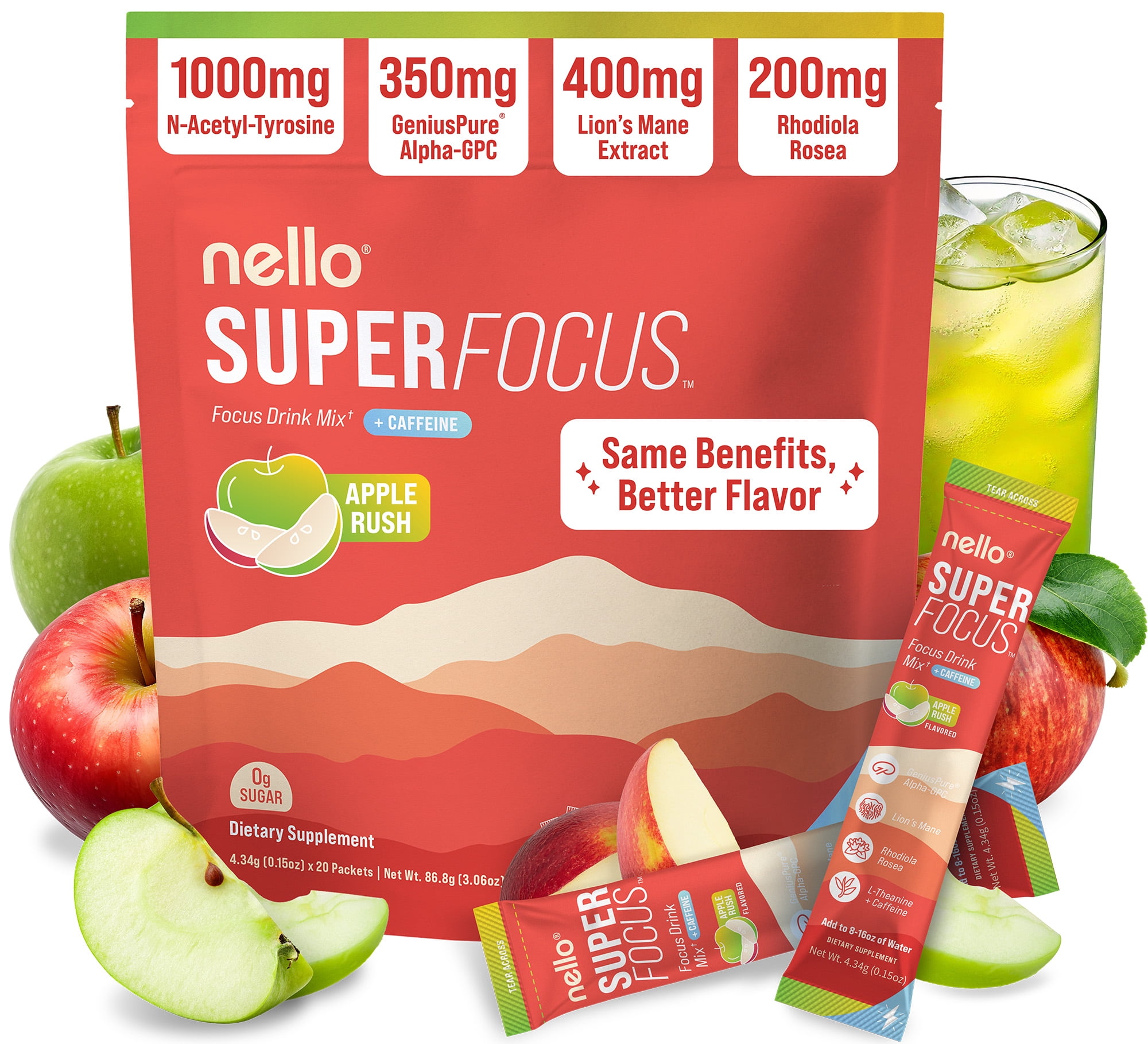 Nello SuperFocus Focus Drink Mix – Fruit Punch Flavor – Alpha GPC, Lion’s Mane, Rhodiola & N-Acetyl L-Tyrosine – Sugar-Free, On-the-Go Packets – 20 Travel Packets -Apple Rush + Caffeine