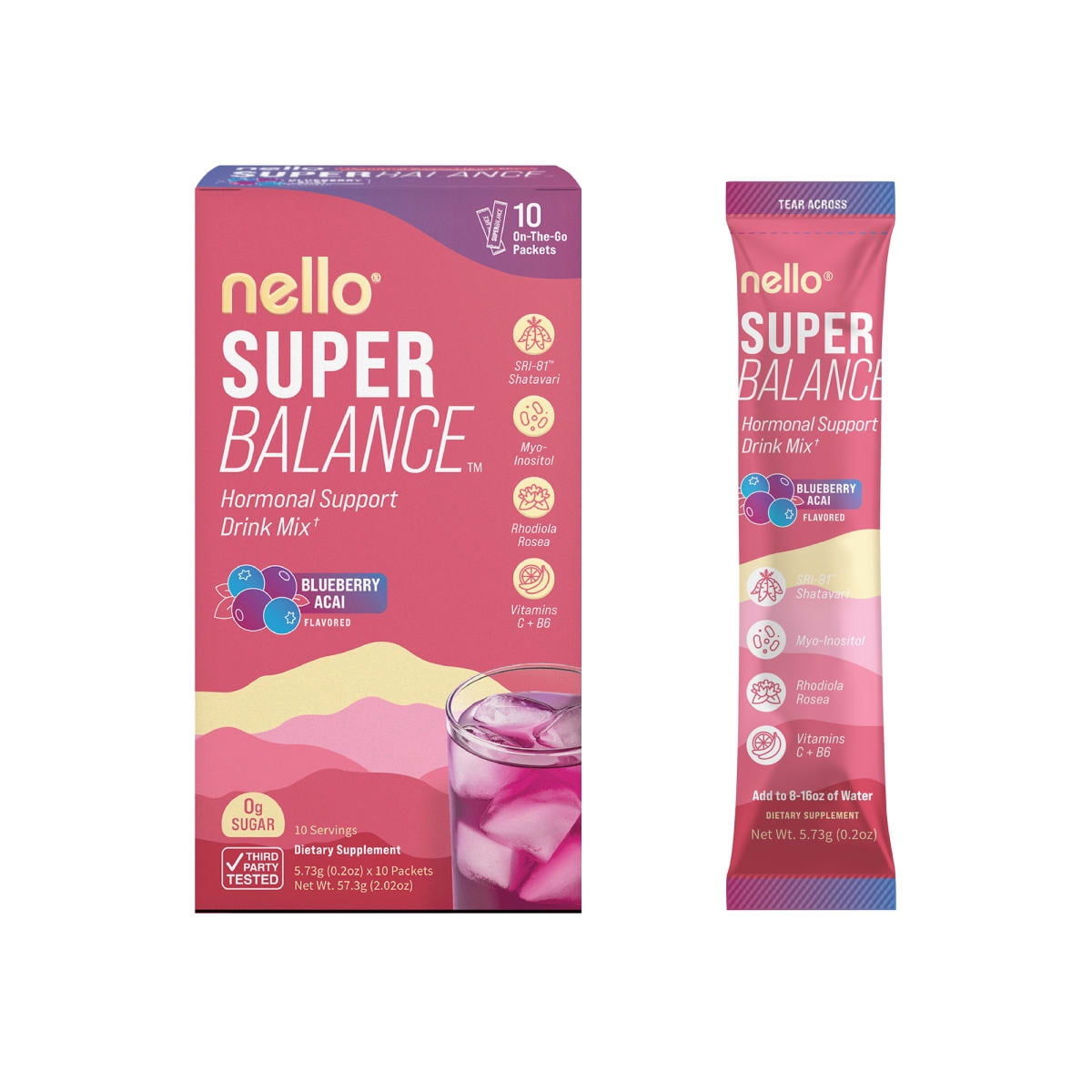 Nello Superbalance Hormone Support Flavored Drink Mix Packets, Blueberry Acai, 2 oz, 10 Count