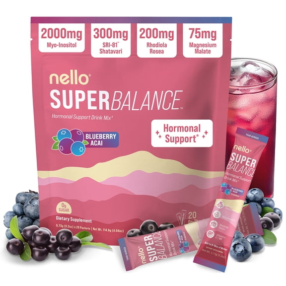 Nello Superbalance Hormone Support Flavored Drink Mix Packets, Blueberry Acai, 2 oz, 20 Count