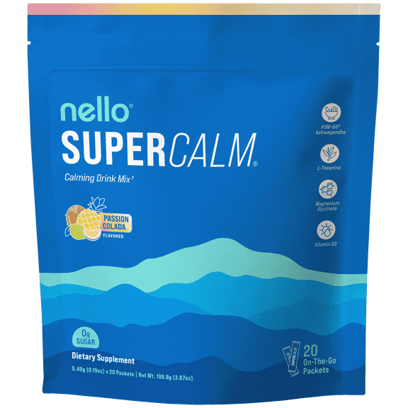 Nello Supercalm Drink Mix - Ashwagandha KSM 66, Magnesium Glycinate & L-Theanine Supplement - Ashwagandha Root Extract - Focus and Relaxation Support (20 Travel Packets) - Passion Colada