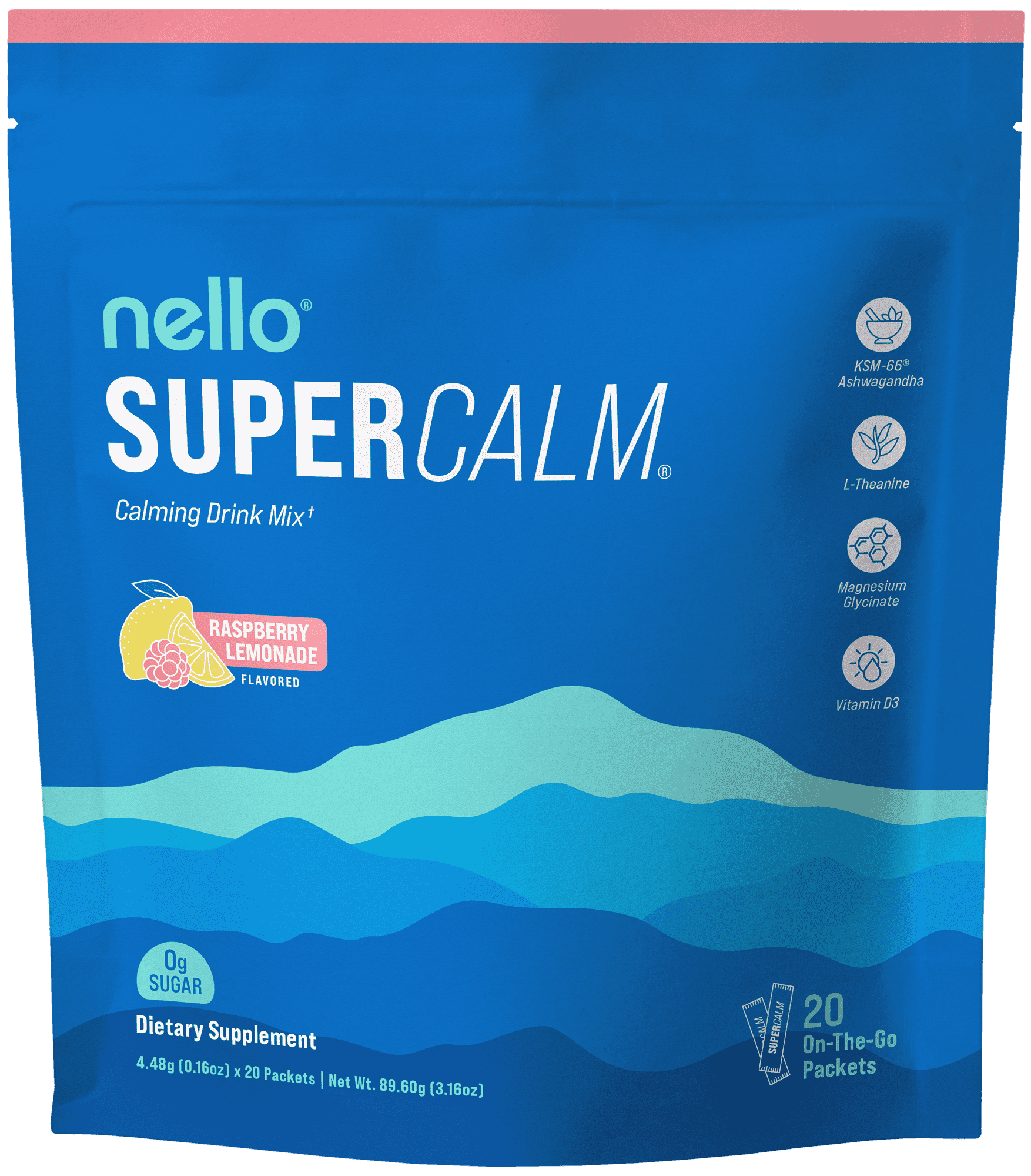 Nello, Supercalm Drink Mix, 20 Packets, Strawberries & Cream
