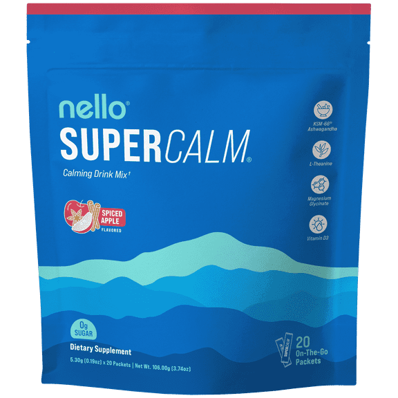 Nello Supercalm Drink Mix - Ashwagandha KSM 66, Magnesium Glycinate & L-Theanine Supplement - Ashwagandha Root Extract - Focus and Relaxation Support (20 Travel Packets) - Spiced Apple