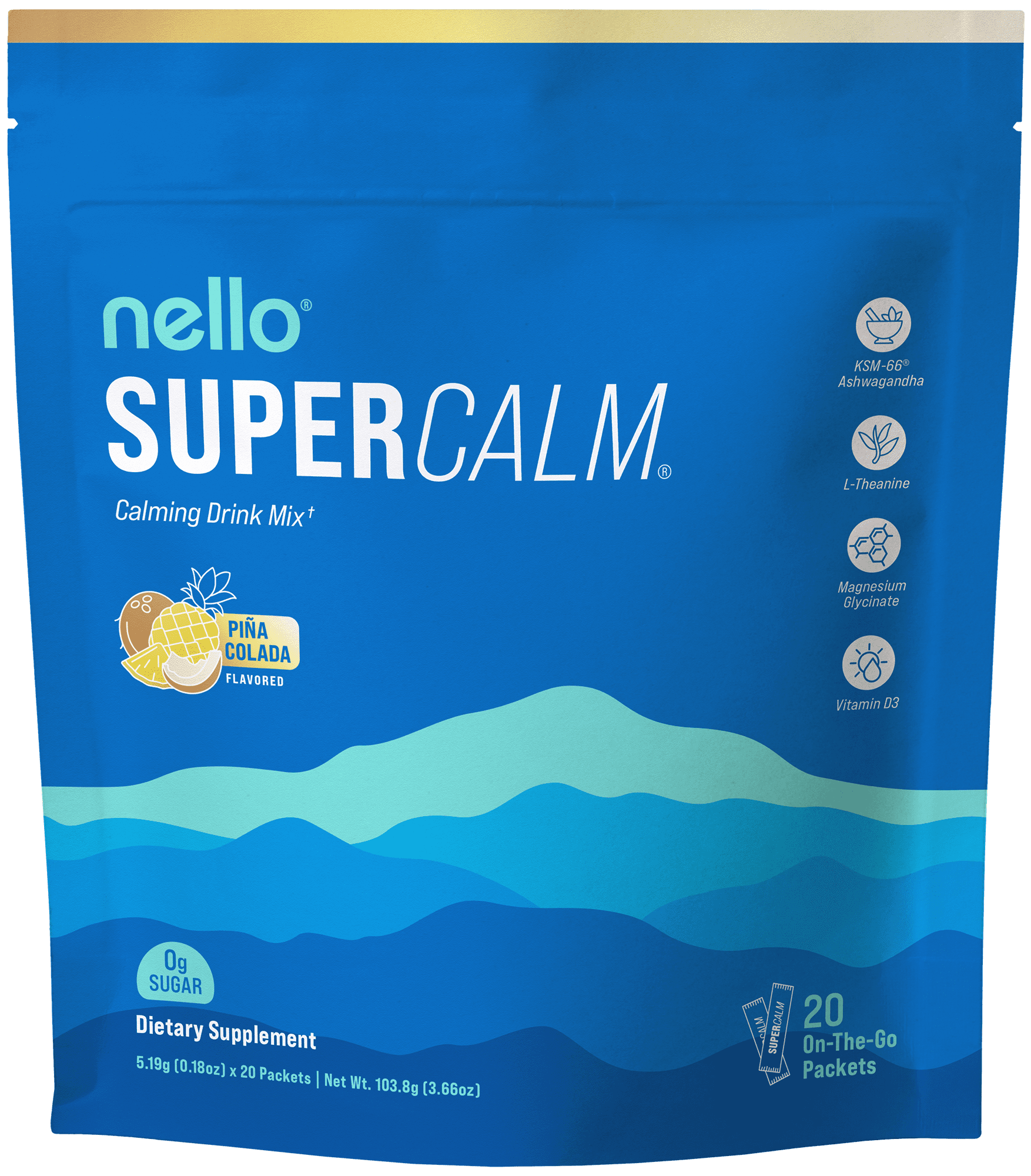 Nello Supercalm Drink Mix - Ashwagandha KSM 66, Magnesium Glycinate & L-Theanine Supplement - Ashwagandha Root Extract - Focus and Relaxation Support (20 Travel Packets) - Pina Colada
