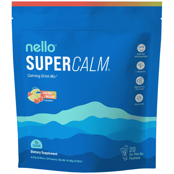 Nello Supercalm Drink Mix - Ashwagandha KSM 66, Magnesium Glycinate & L-Theanine Supplement - Ashwagandha Root Extract - Focus and Relaxation Support (20 Travel Packets) - Cherry Limeade