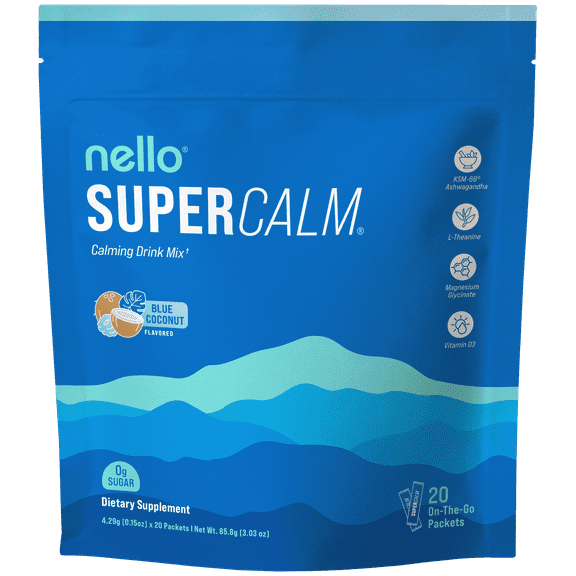 Nello Supercalm Drink Mix - Ashwagandha KSM 66, Magnesium Glycinate & L-Theanine Supplement - Ashwagandha Root Extract - Focus and Relaxation Support (20 Travel Packets) - Blue Coconut