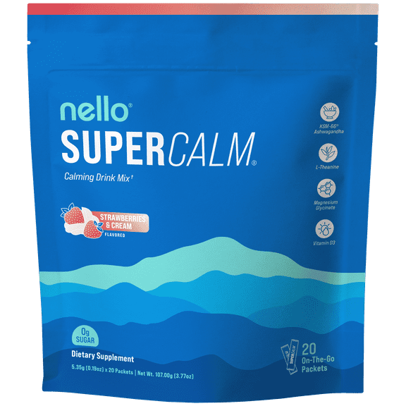Nello Supercalm Drink Mix - Ashwagandha KSM 66, Magnesium Glycinate & L-Theanine Supplement - Ashwagandha Root Extract - Focus and Relaxation Support (20 Travel Packets) - Strawberries & Cream