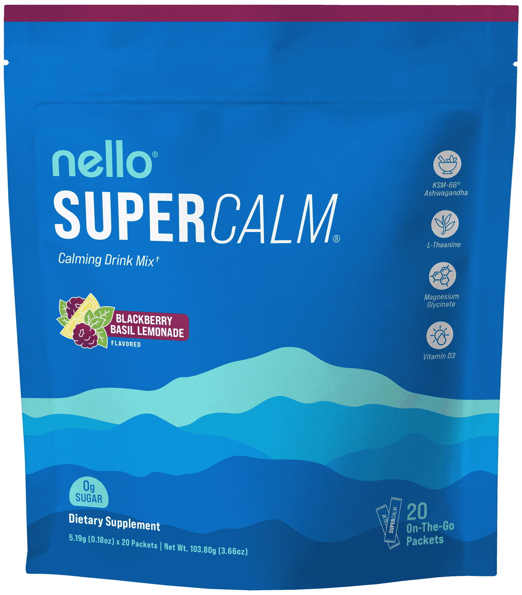 Nello Supercalm Drink Mix - Ashwagandha KSM 66, Magnesium Glycinate & L-Theanine Supplement - Ashwagandha Root Extract - Focus and Relaxation Support (20 Travel Packets) - Blackberry Basil Lemonade