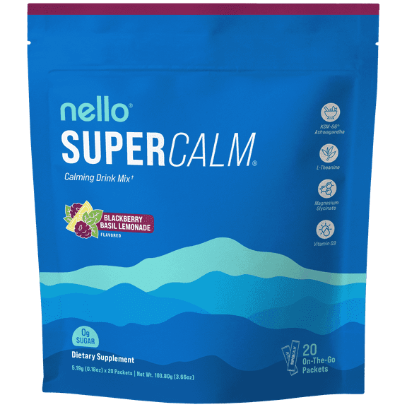 Nello Supercalm Drink Mix - Ashwagandha KSM 66, Magnesium Glycinate & L-Theanine Supplement - Ashwagandha Root Extract - Focus and Relaxation Support (20 Travel Packets) - Blackberry Basil Lemonade