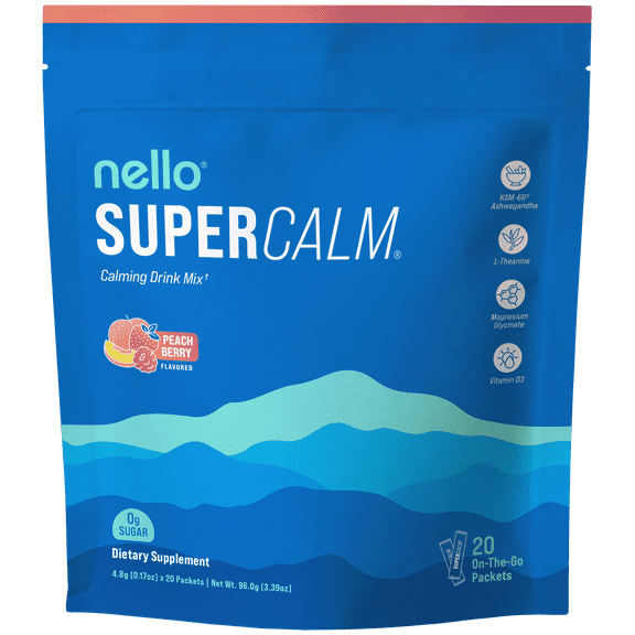 Nello Supercalm Drink Mix - Ashwagandha KSM 66, Magnesium Glycinate & L-Theanine Supplement - Ashwagandha Root Extract - Focus and Relaxation Support (20 Travel Packets) - Peach Berry