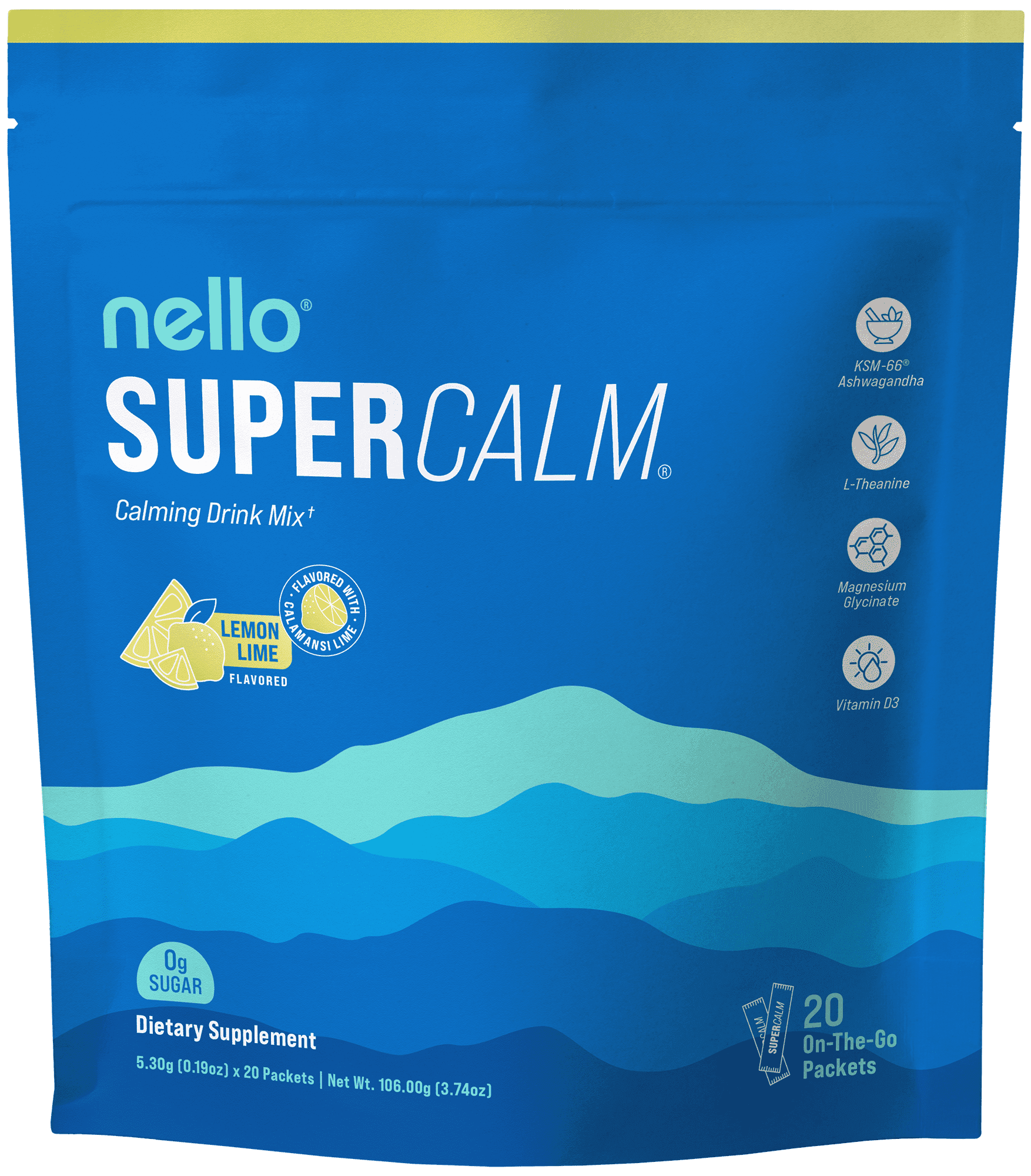 Nello Supercalm Drink Mix - Ashwagandha KSM 66, Magnesium Glycinate & L-Theanine Supplement - Ashwagandha Root Extract - Focus and Relaxation Support, Lemon Lime, 20 Count