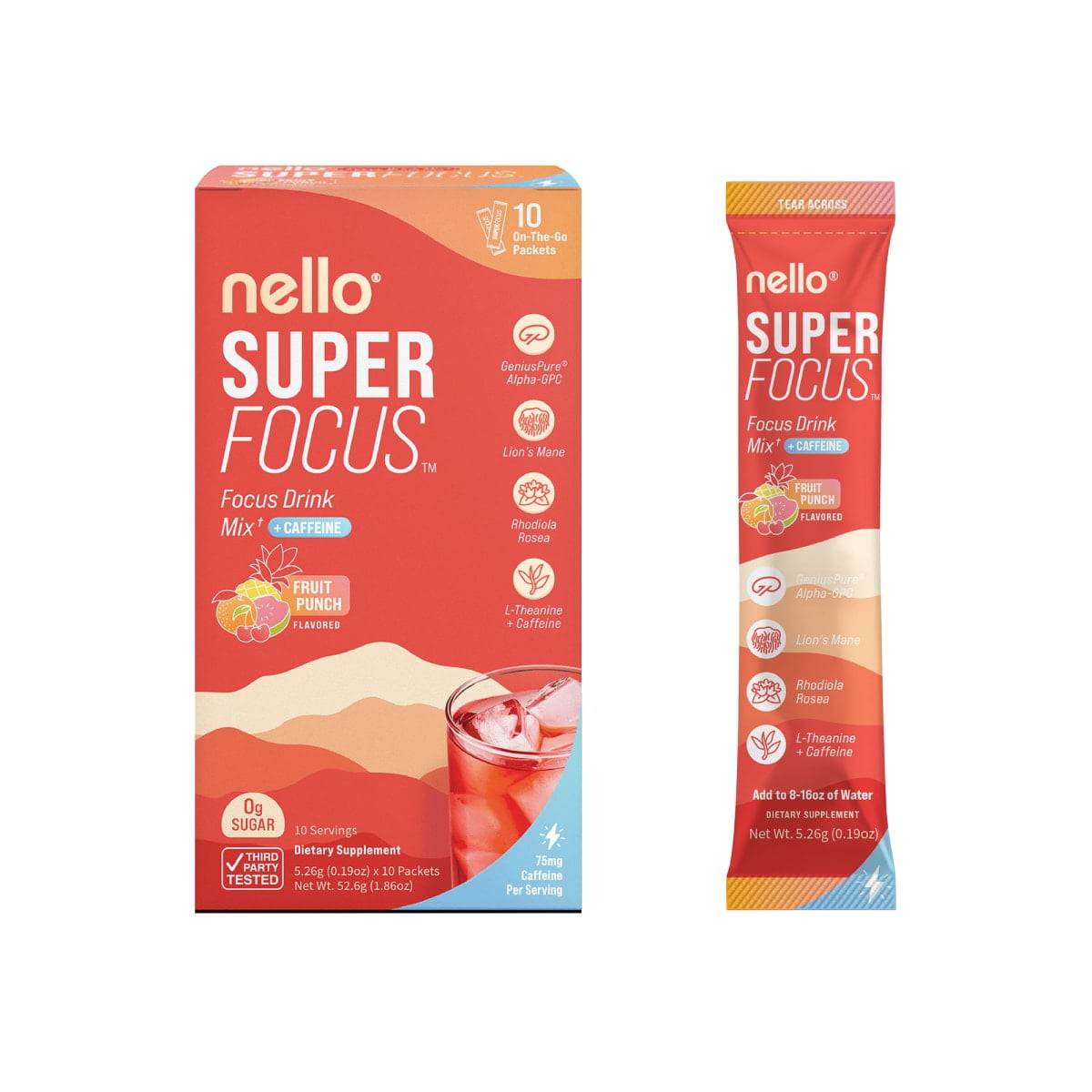 Nello Superfocus Flavored Drink Mix Packets, Fruit Punch, Dietary Supplement, 1.8 oz, 10 Count