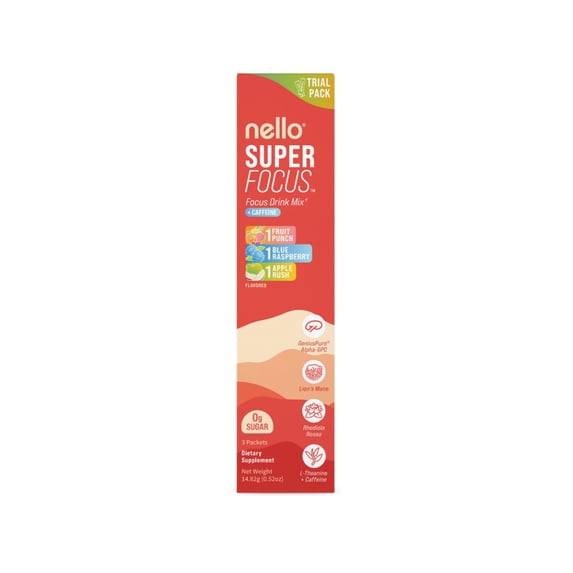 Nello Superfocus Focus Flavored Drink Mix Packets, Dietary Supplement, Fruit Punch, 0.5 oz, 3 Count
