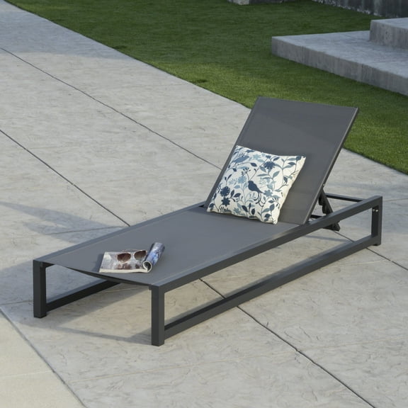 Nelson Outdoor Aluminum Framed Chaise Lounge with Grey Mesh Body, Black Finish
