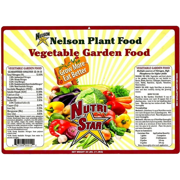 Nelson - All Vegetable Garden Food, Granular Fertilizer, Multi-Purpose High Calcium Phosphorus Micronutrients in Ground, Gardens, Containers, & Greenhouses, NutriStar 12-14-11 (25 lb.)