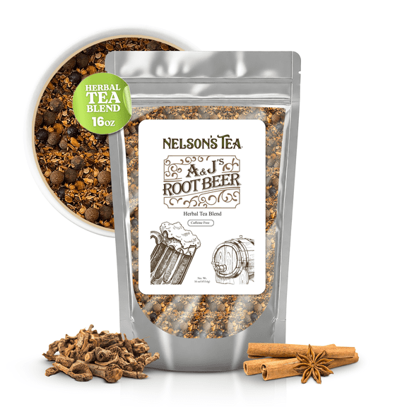 Nelson's Tea A&J's Root Beer - Sarsaparilla Root Herbal Loose Leaf Tea - A Harmonious Blend of Flavorful Ingredients like Sarsaparilla, Burdock Root, Birch Bark, and More! (16 oz)