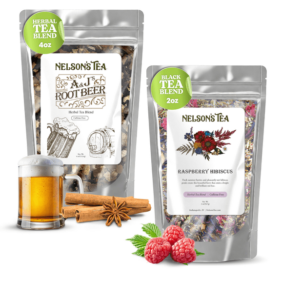 Nelson's Tea Bundle - A&J's Root Beer Herbal Tea (4oz) & Raspberry Hibiscus Green Rooibos Tea (2oz) - Delicious Loose Leaf Blends with Bold Root Beer Spices and Refreshing Raspberry Hibiscus Flavors