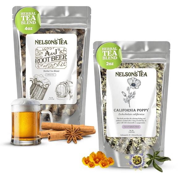 Nelson's Tea Bundle - A&J's Root Beer Herbal Tea (4oz) & California Poppy Herbal Tea (2oz) - Loose Leaf Blends with Bold Root Beer Spices and Soothing California Poppy for a Unique Tea Experience