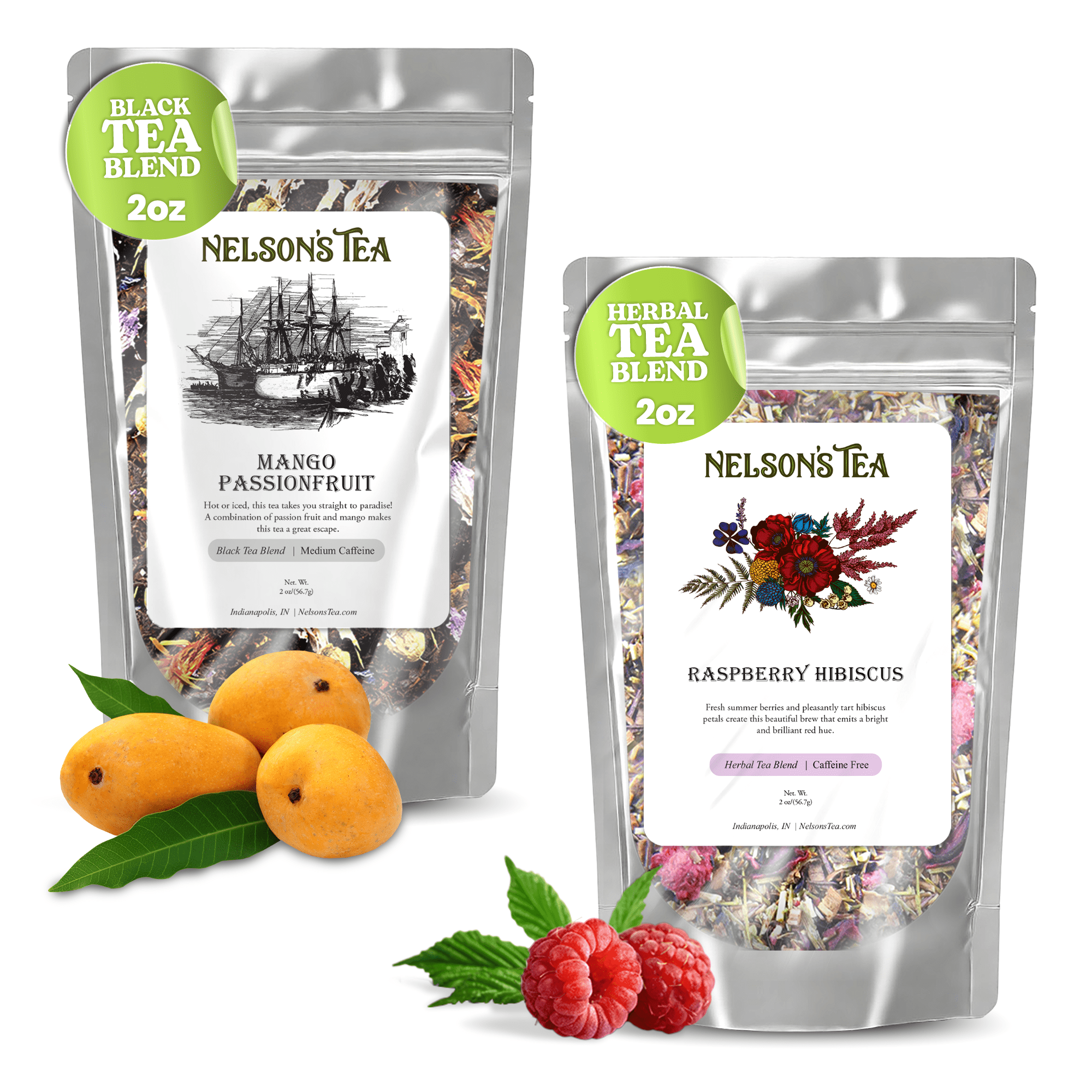 Nelson's Tea Bundle - Mango Passionfruit (2oz) & Raspberry Hibiscus (2oz) - Two Unique Flavors: Black Tea with Dried Mango, Cornflowers, & Safflower, and Green Rooibos with Raspberries, & Pomegranate