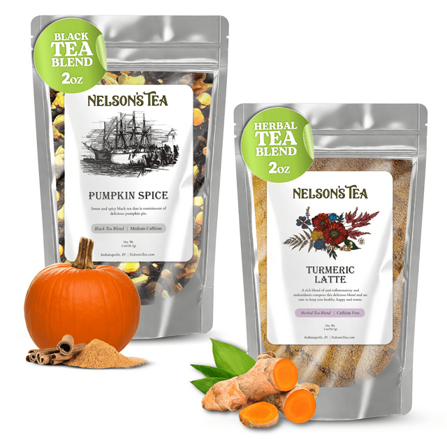 Nelson's Tea Bundle - Pumpkin Spice (2oz) & Turmeric Tea Latte (2oz) - Two Flavors: Pumpkin Spice with Black Tea, Cloves, Cinnamon, & Ginger, and Turmeric Latte with Turmeric, Cinnamon, & Nutmeg