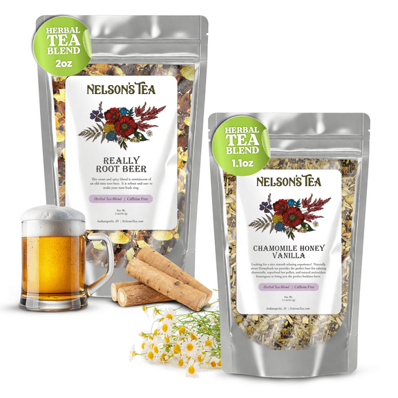 Nelson's Tea Bundle - Really Root Beer Herbal Loose Leaf Tea (2oz) & Chamomile Honey Vanilla Tea (1.1oz) - Premium Blends with Sarsaparilla, Chamomile, Honeybush, and More for a Flavorful Experience