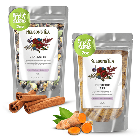 Nelson's Tea Bundle - Turmeric Tea Latte (2oz) & Chai Latte Caffeine Free(2oz) - Two Flavors: Turmeric with Cinnamon, Ginger, & Nutmeg, and Chai with Honeybush, Cardamom, Clove, & Toasted Coconut