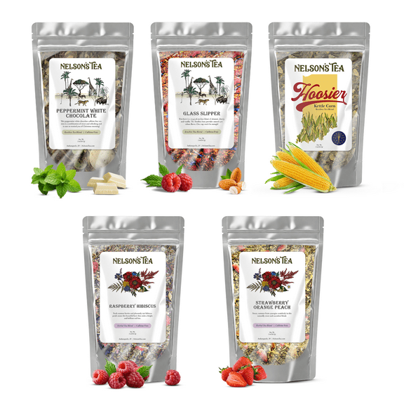 Nelson's Tea - Caffeine Free Tea Sampler - Peppermint White Chocolate CF, Glass Slipper, Hoosier Kettle Corn, Raspberry Hibiscus, Strawberry Orange Peach (2oz Sizes)