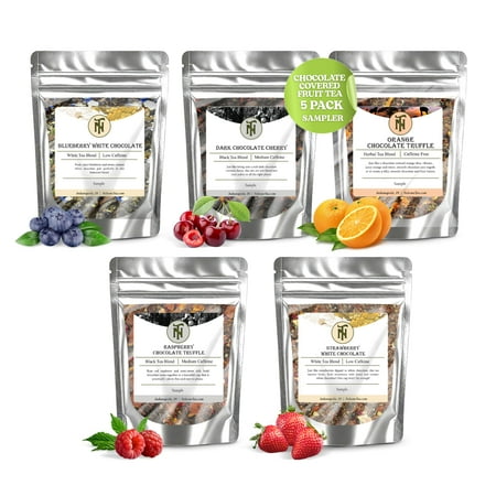 Nelson's Tea - Chocolate Covered Fruit Tea Sampler - Blueberry White Chocolate, Dark Chocolate Cherry, Orange Chocolate Truffle, Raspberry Chocolate Truffle, Strawberry White Chocolate (Sample Sizes)