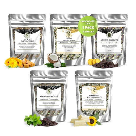 Nelson's Tea - Chocolate Tea Sampler - Caramel Chocolate Turtle, Coconut Chocolate Chai, Mexican Chocolate, Peppermint White Chocolate (Sample Sizes)
