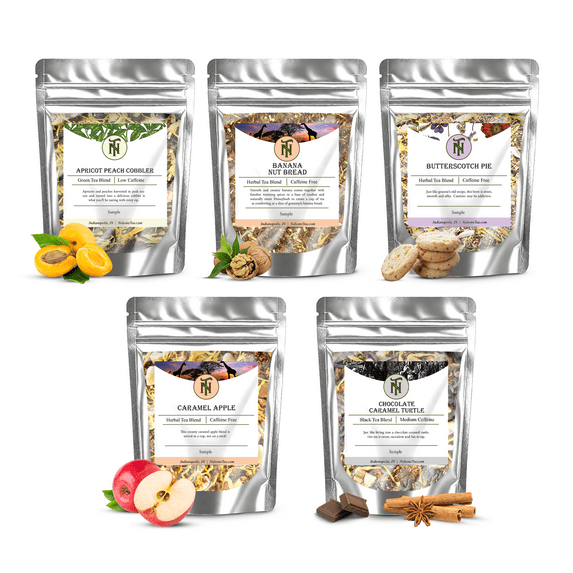 Nelson's Tea - Dessert Tea Sampler - Apricot Peach Cobbler, Banana Nut Bread, Butterscotch Pie, Caramel Apple, Chocolate Caramel Turtle (Sample Sizes)