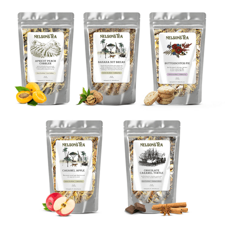 Nelson's Tea - Dessert Tea Sampler - Apricot Peach Cobbler, Banana Nut Bread, Butterscotch Pie, Caramel Apple, Chocolate Caramel Turtle (2oz Sizes)