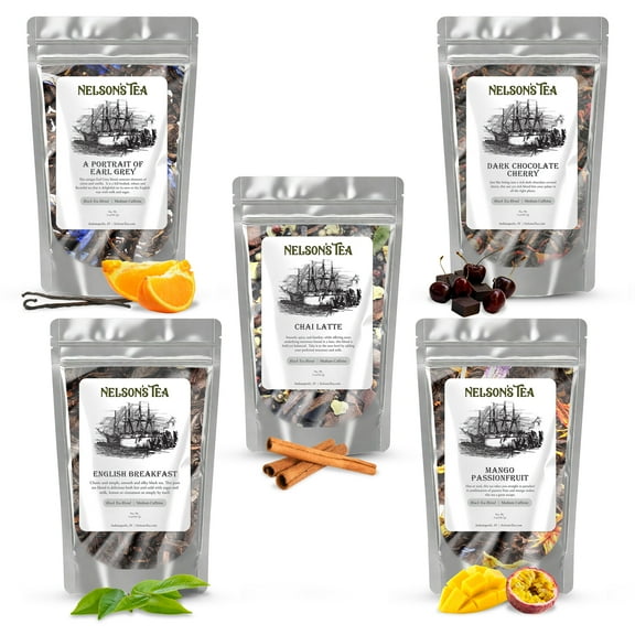 Nelson's Tea Our Favorites Sampler Pack - Loose Leaf Tea Sampler - A Portrait of Earl Grey, Chai Latte, Dark Chocolate Cherry, English Breakfast, Mango Passionfruit(Sample Sizes)